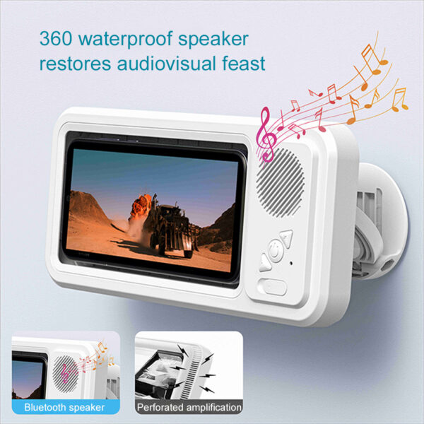 62d2560d-bf7a-4488-8520-3c03bc466761.jpg Bathroom Waterproof Mobile Phone Box Bluetooth Speaker Audio Bath TV Stand Mobile Phone Holder 360 Degree Rotation Touch Screen